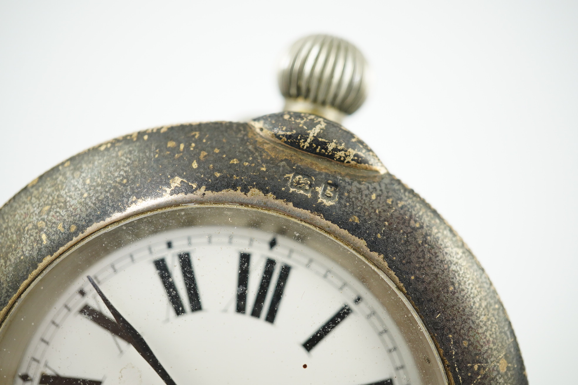 An Edwardian silver watch mounted glass inkwell, maker's mark rubbed